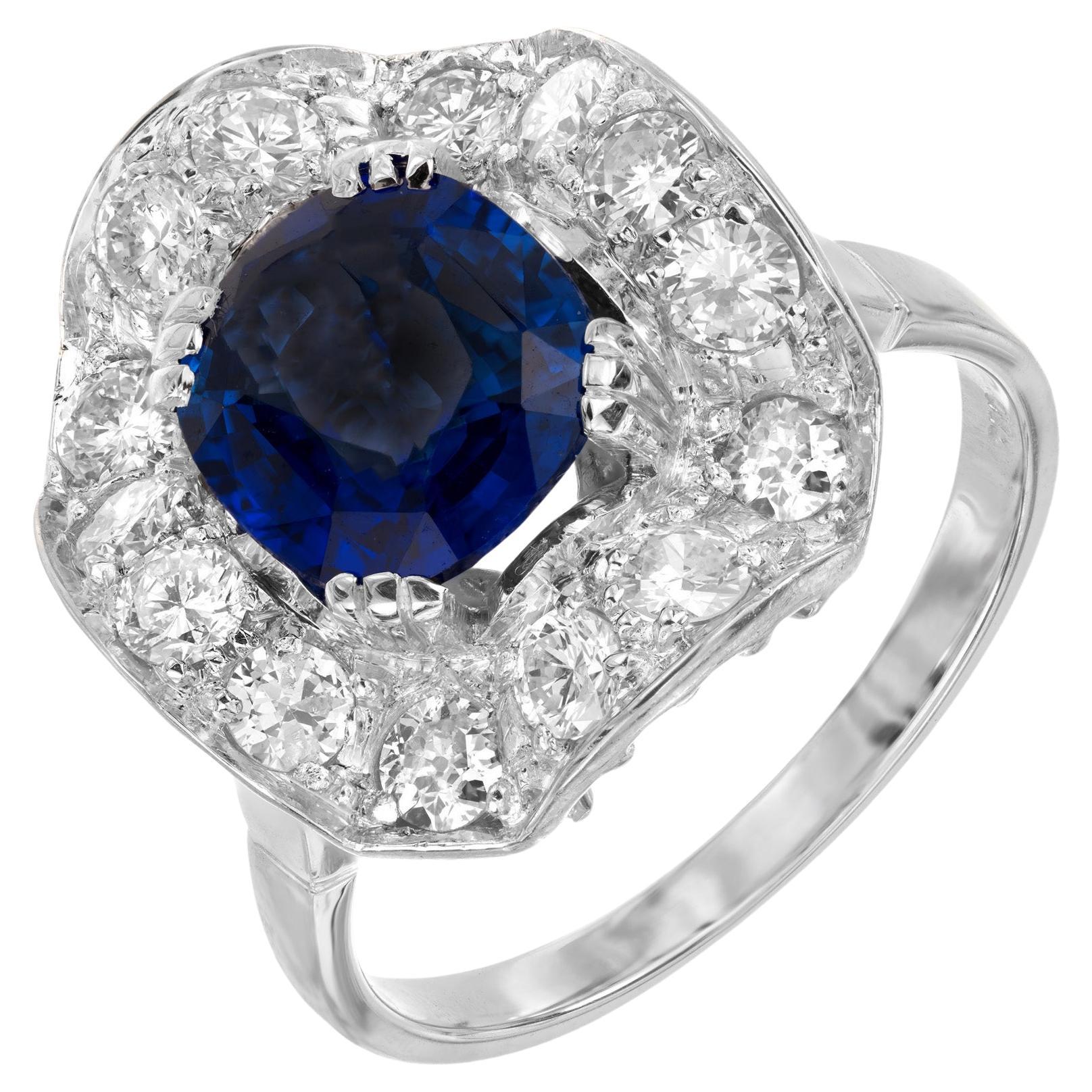 GIA Certified 2.54 Carat Cushion Cut Sapphire Diamond Wave Gold Engagement Ring