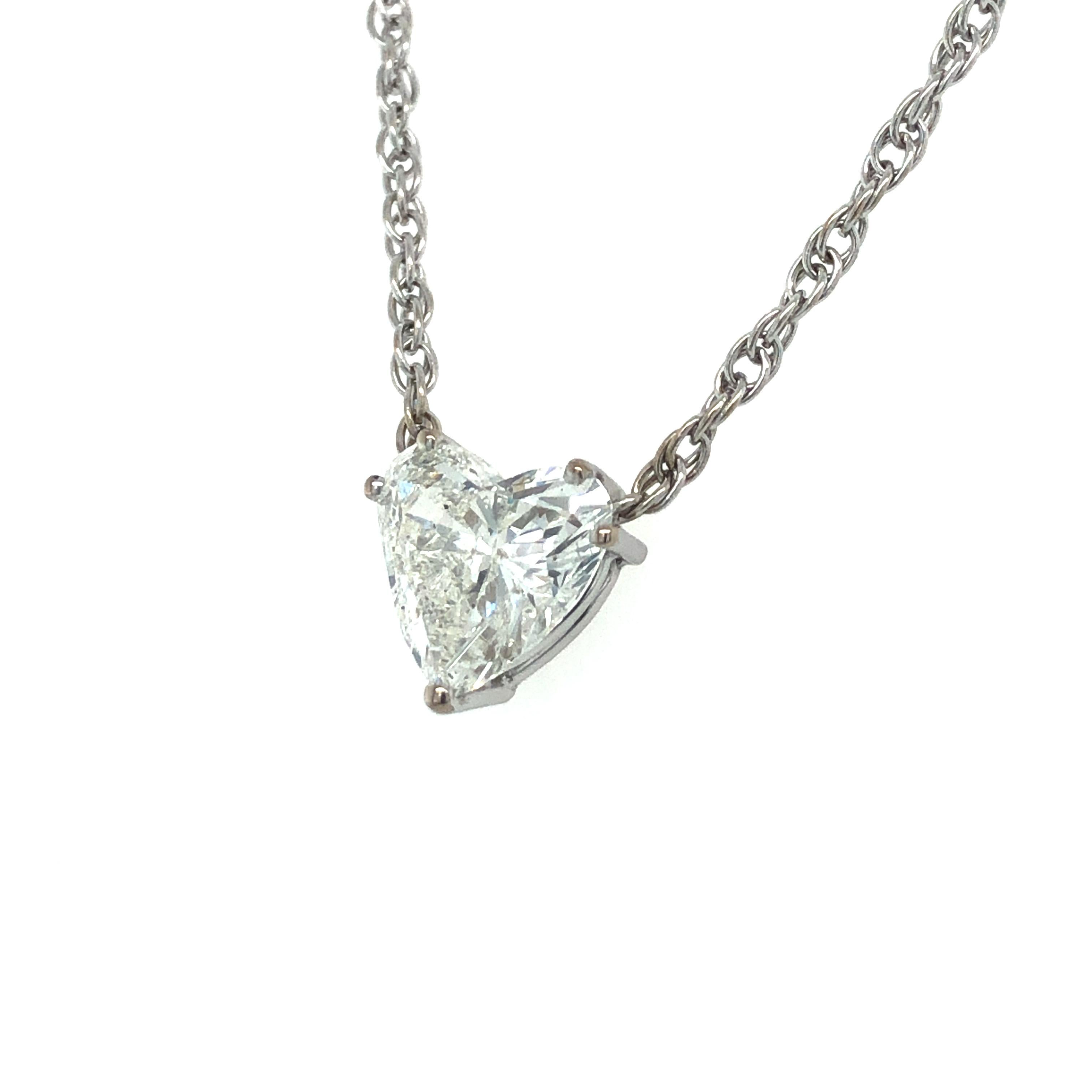 This beautiful solitaire necklace by Swiss jeweller Bucherer features a 2.54 carat heart-shaped diamond of I colour and i1 clarity. Custom made and handcrafted prong setting in 18 karat white gold, mounted on a fine Prince of Wales chain (rope