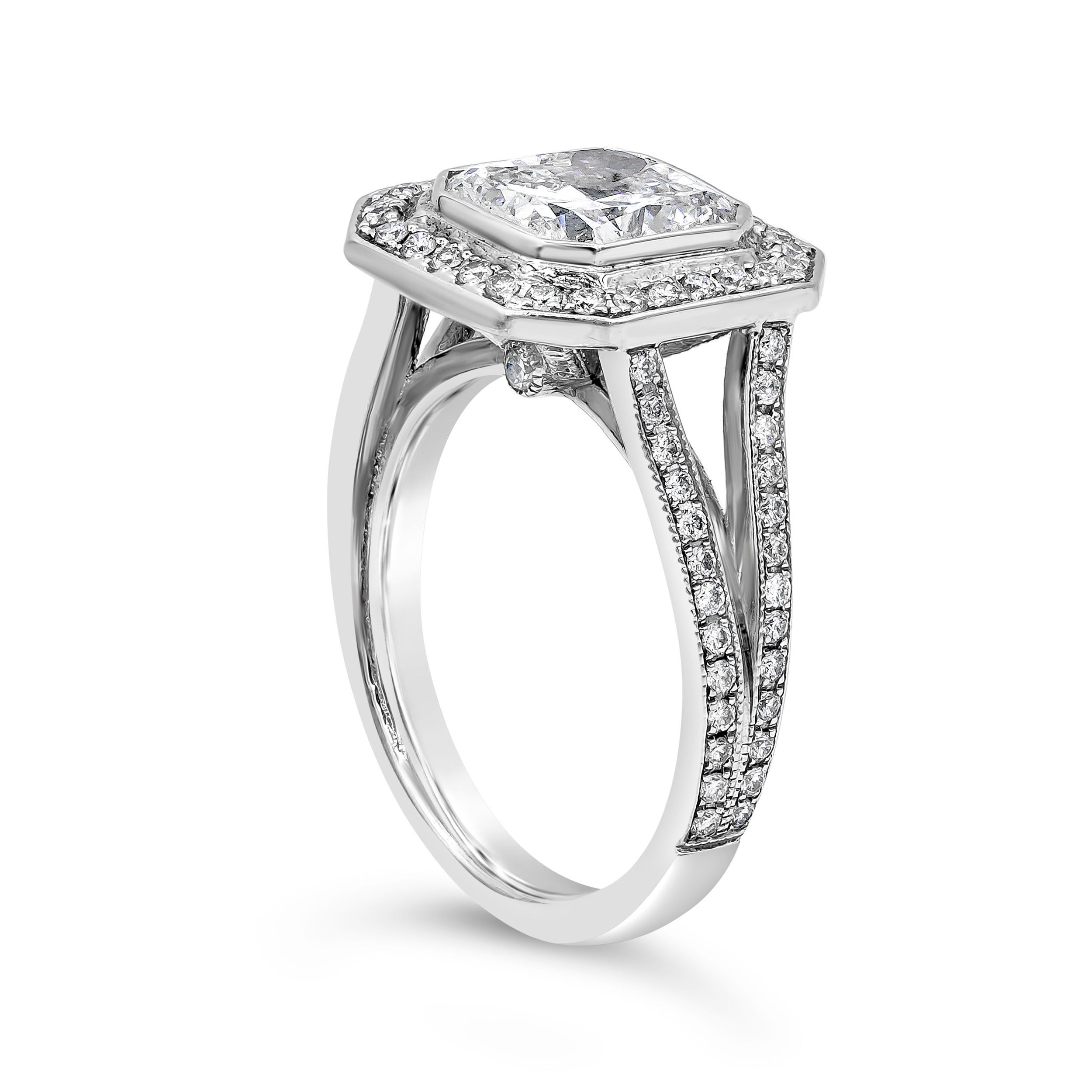This antique style ring features a GIA Certified 2.54 carat radiant cut diamond I Color and VS2 in Clarity. Surrounded by a single row of round brilliant diamonds accented with brilliant round diamonds down the shank. Accent diamonds weighs 0.51