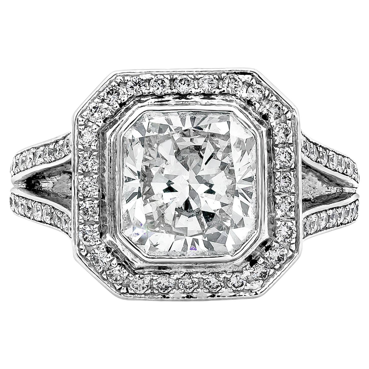 GIA Certified 2.54 Carat Radiant Cut Halo Split Shank Engagement Ring For Sale