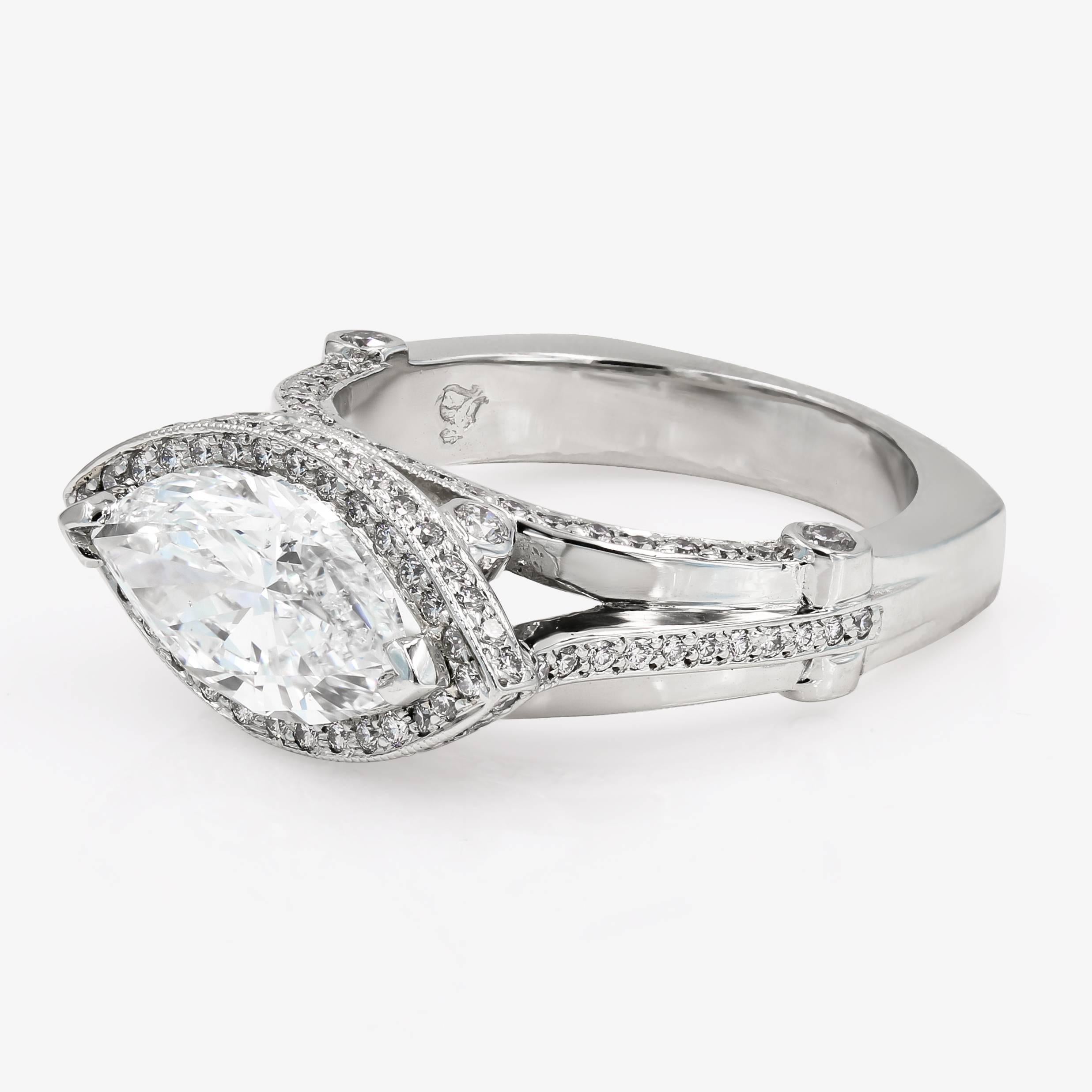 Contemporary GIA Certified 2.54 Carat Marquise Cut Halo Set Diamond Ring