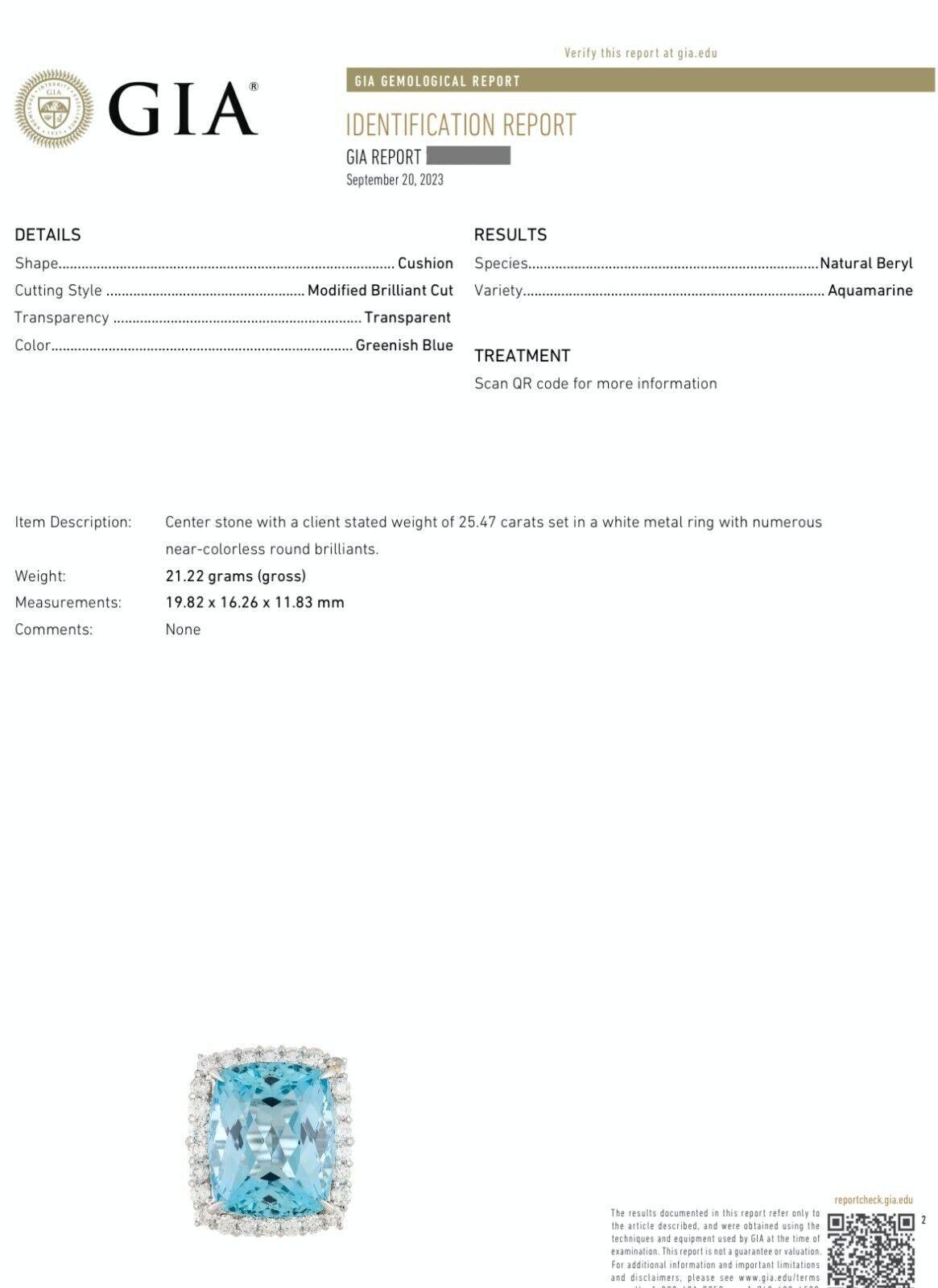 GIA Certified 25.47 Carat Aquamarine and Diamond Ring in Platinum

Aquamarine and Diamond Ring features a lively Elongated Cushion cut Aquamarine with Harlequin Facets surrounded by Round Brilliant Cut Diamonds set in Platinum.

Total aquamarine