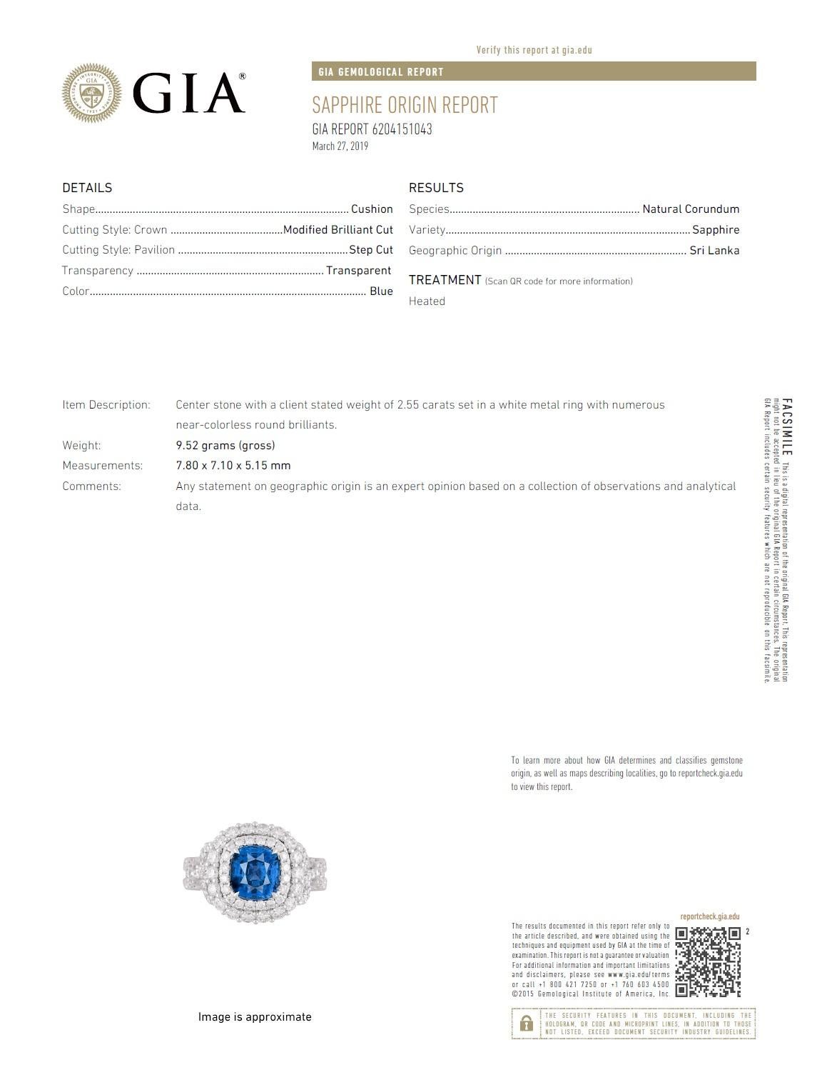 GIA Cert 2.55 Ct Cushion Ceylon Sapphire and 2.44ct Natural Diamond Ring ref1045 For Sale 1