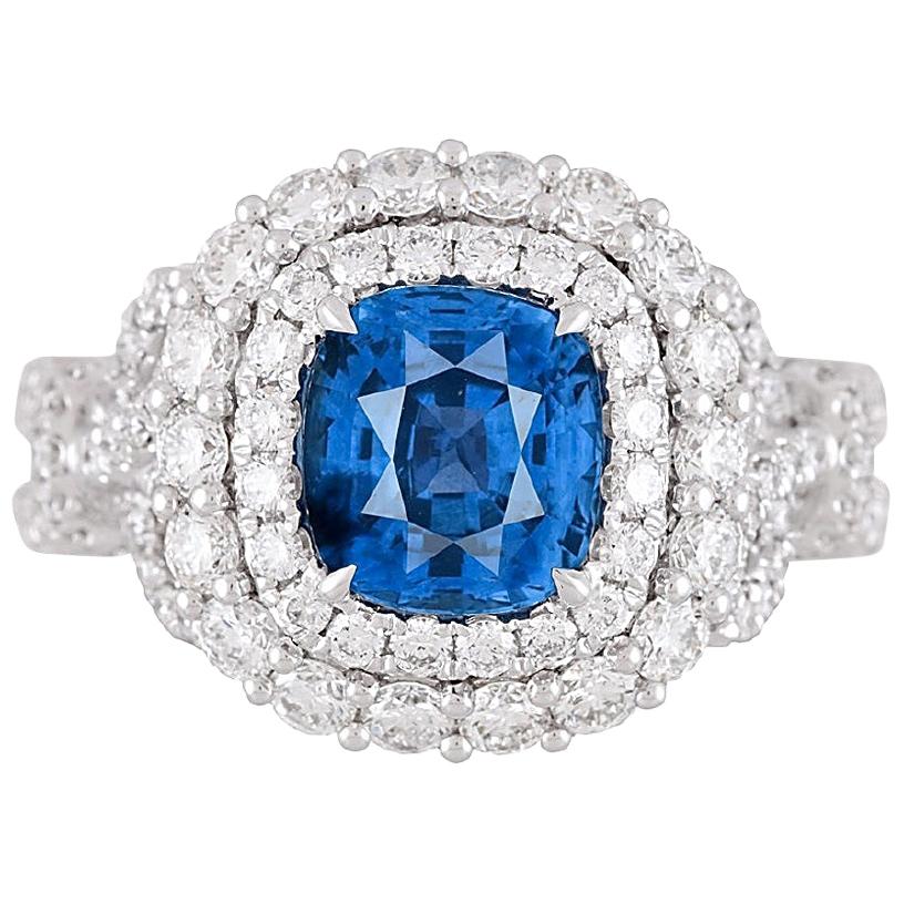 GIA Cert 2.55 Ct Cushion Ceylon Sapphire and 2.44ct Natural Diamond Ring ref1045 For Sale