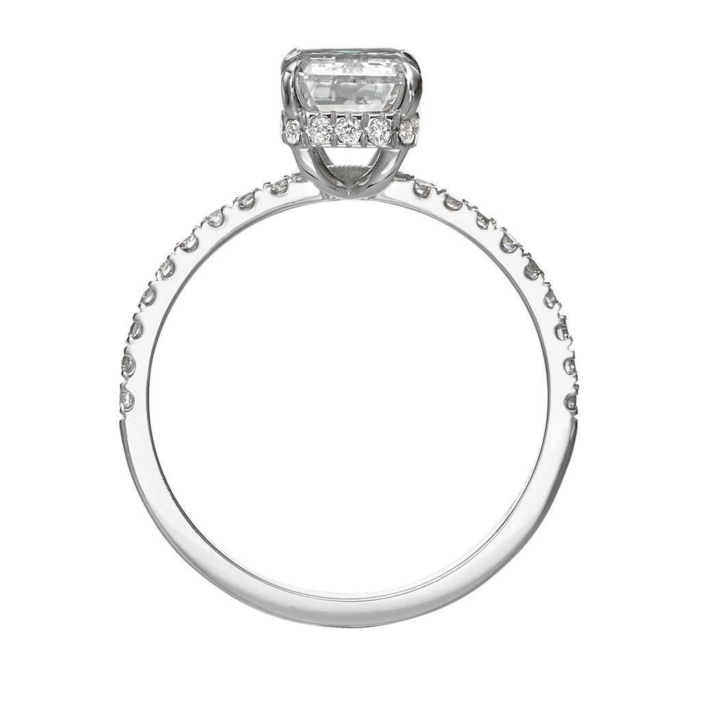 This rare 2.55 ct diamond engagement ring will take your breath away!
The elongated 2.00 ct emerald cut center is GIA certified at H-SI1. near colorless and eye clean! Its wrapped with pave set diamonds underneath and floating atop a delicate