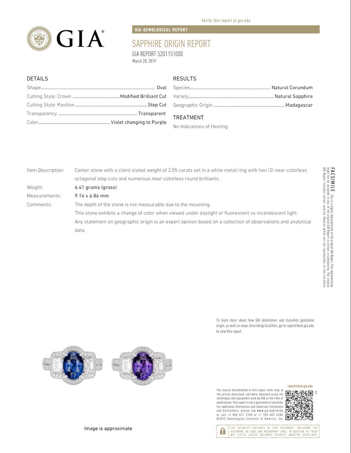 GIA Certified 2.55 Carat Oval Cut Bicolor Madagascar Sapphire Ring ref1122 For Sale 3