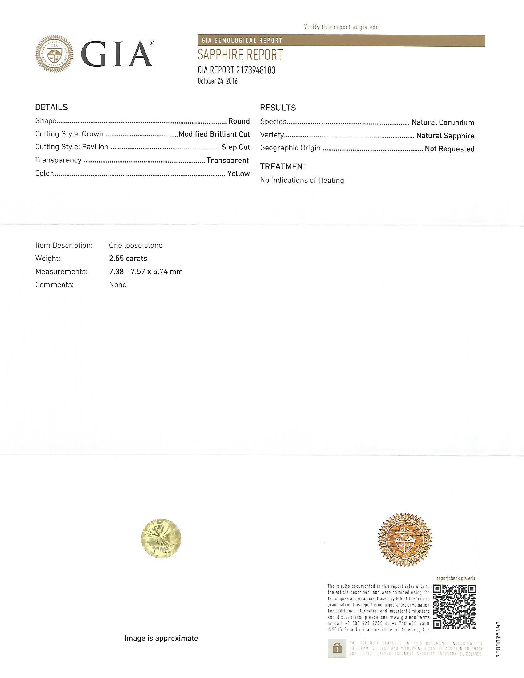 Im Angebot: GIA-zertifizierter 2,55 Karat natürlicher runder gelber Saphir-Diamantring () 5