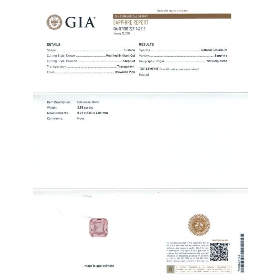 Presenting a natural Brownish Pink Sapphire, weighing 2.55 carats, with a GIA Report for authenticity. This cushion-shaped gem, measuring 8.21 x 8.03 x 4.05 mm, exhibits a Brilliant/Step cut, combining faceted brilliance with geometric step cuts.