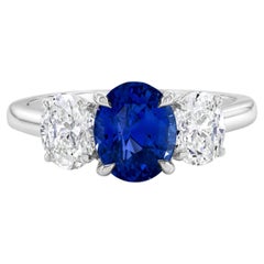 GIA Certified 2.55 Carats Oval Sapphire & Diamond Three-Stone Engagement Ring