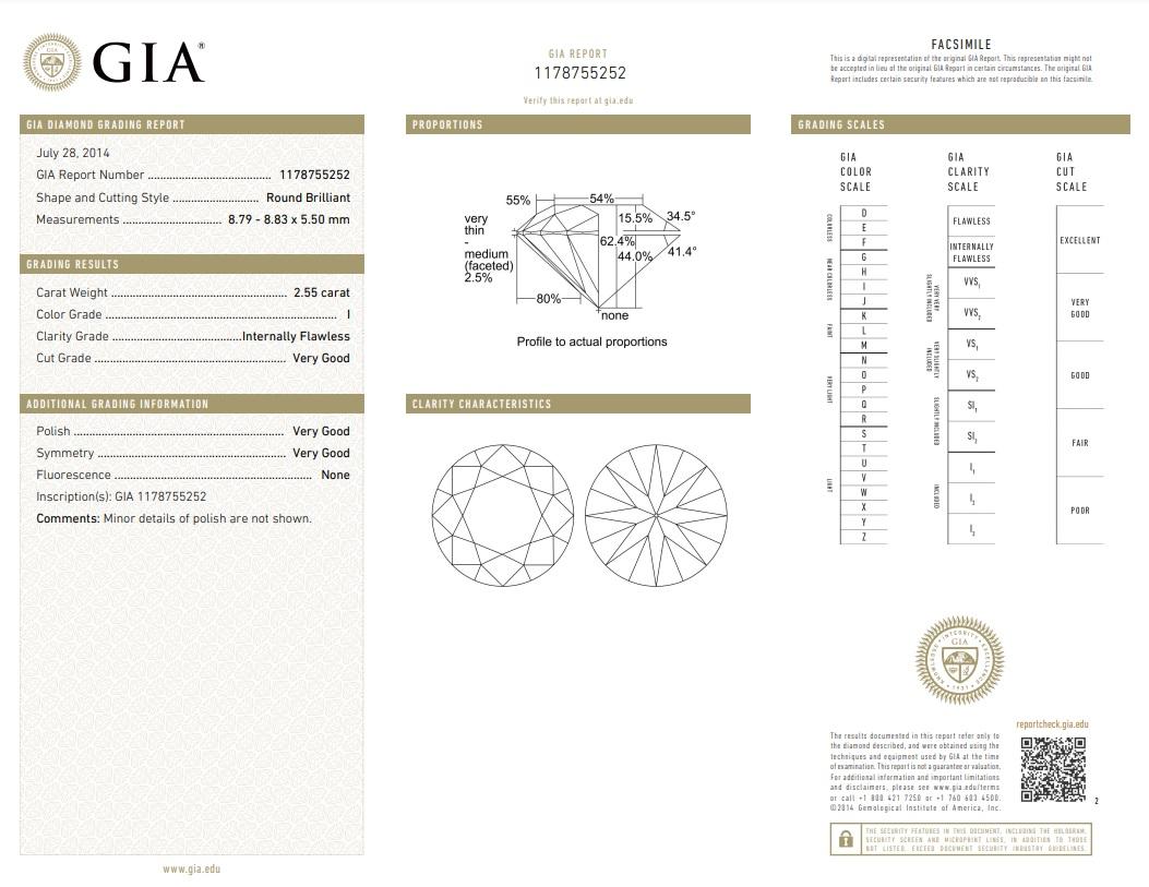 GIA Certified 2.55Carat GIA Diamond Ring in 18K White Gold For Sale 6