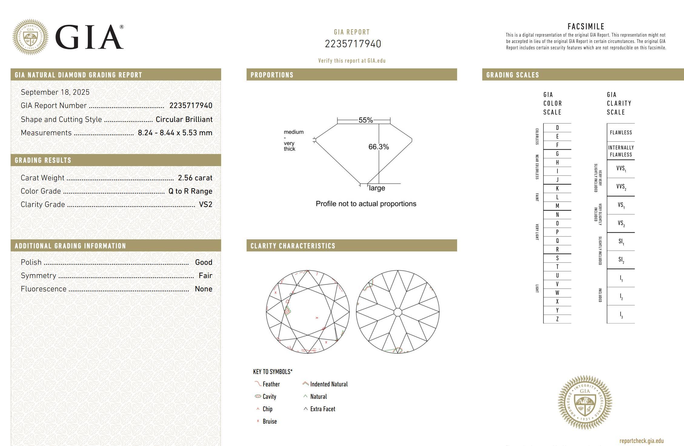 Bague de fiançailles en diamant naturel brillant circulaire de 2,56 carats certifiée par la GIA Excellent état - En vente à  Baltimore, MD