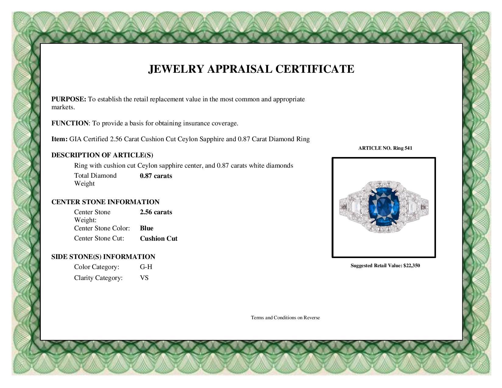 DiamondTown GIA Certified 2.56 Carat Cushion Cut Ceylon Sapphire Ring 7