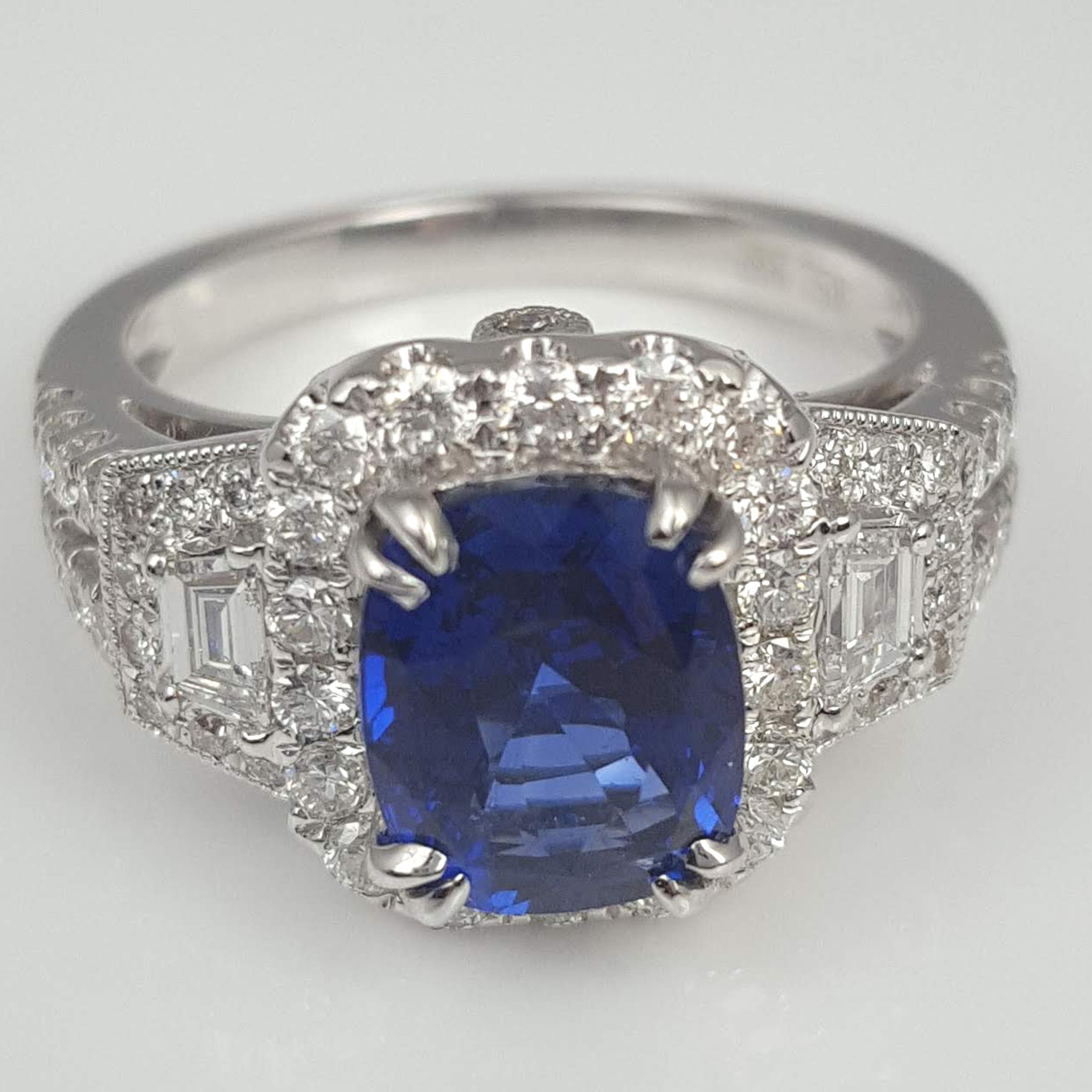 Contemporary DiamondTown GIA Certified 2.56 Carat Cushion Cut Ceylon Sapphire Ring