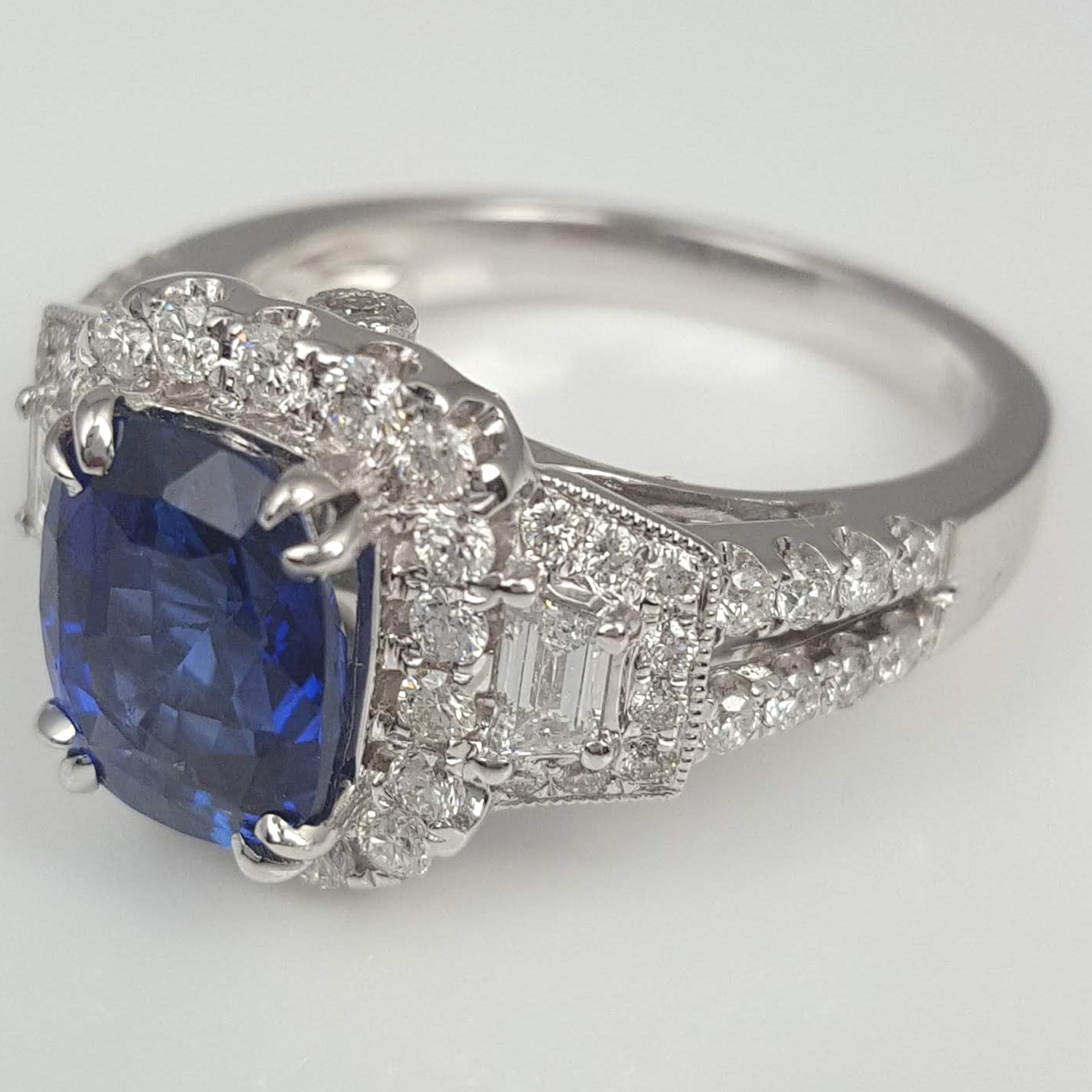 DiamondTown GIA Certified 2.56 Carat Cushion Cut Ceylon Sapphire Ring In New Condition In New York, NY