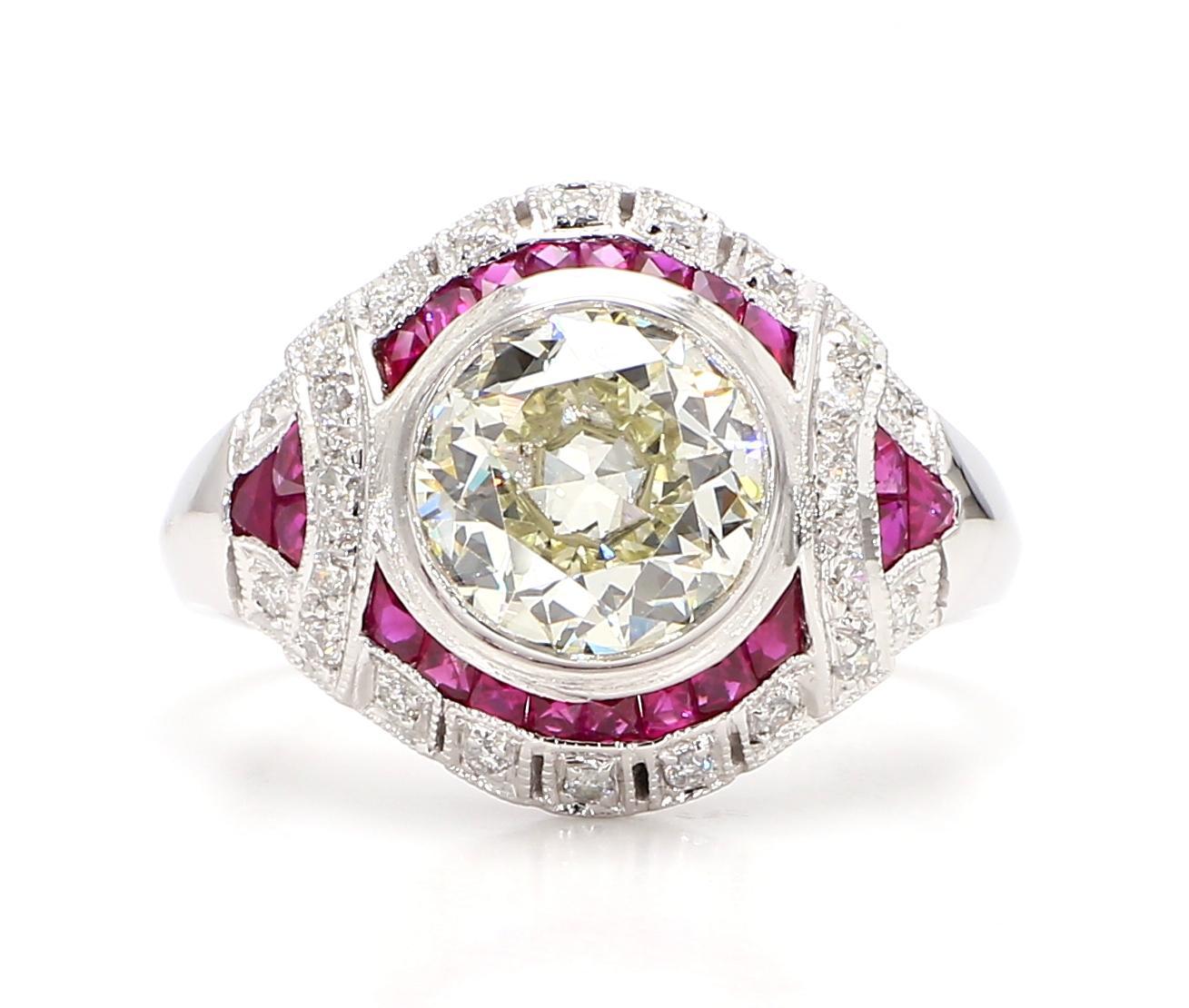 Taille ronde Bague Art déco en platine avec diamants de 2,56 carats et rubis de 1,15 carat certifiés GIA en vente
