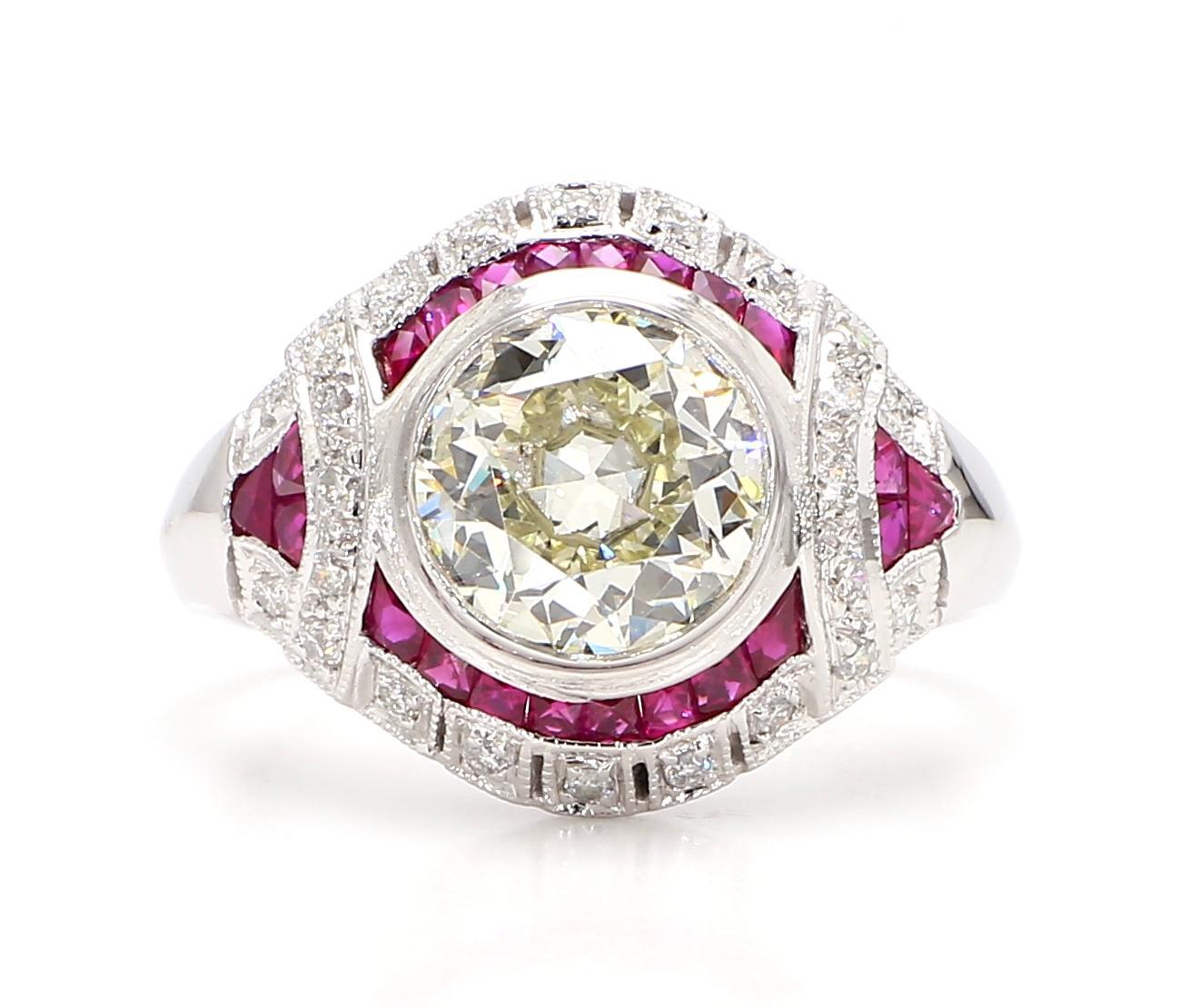 Round Cut GIA Certified 2.56 Carat Diamond and 1.15 Carat Ruby Art Deco Platinum Ring