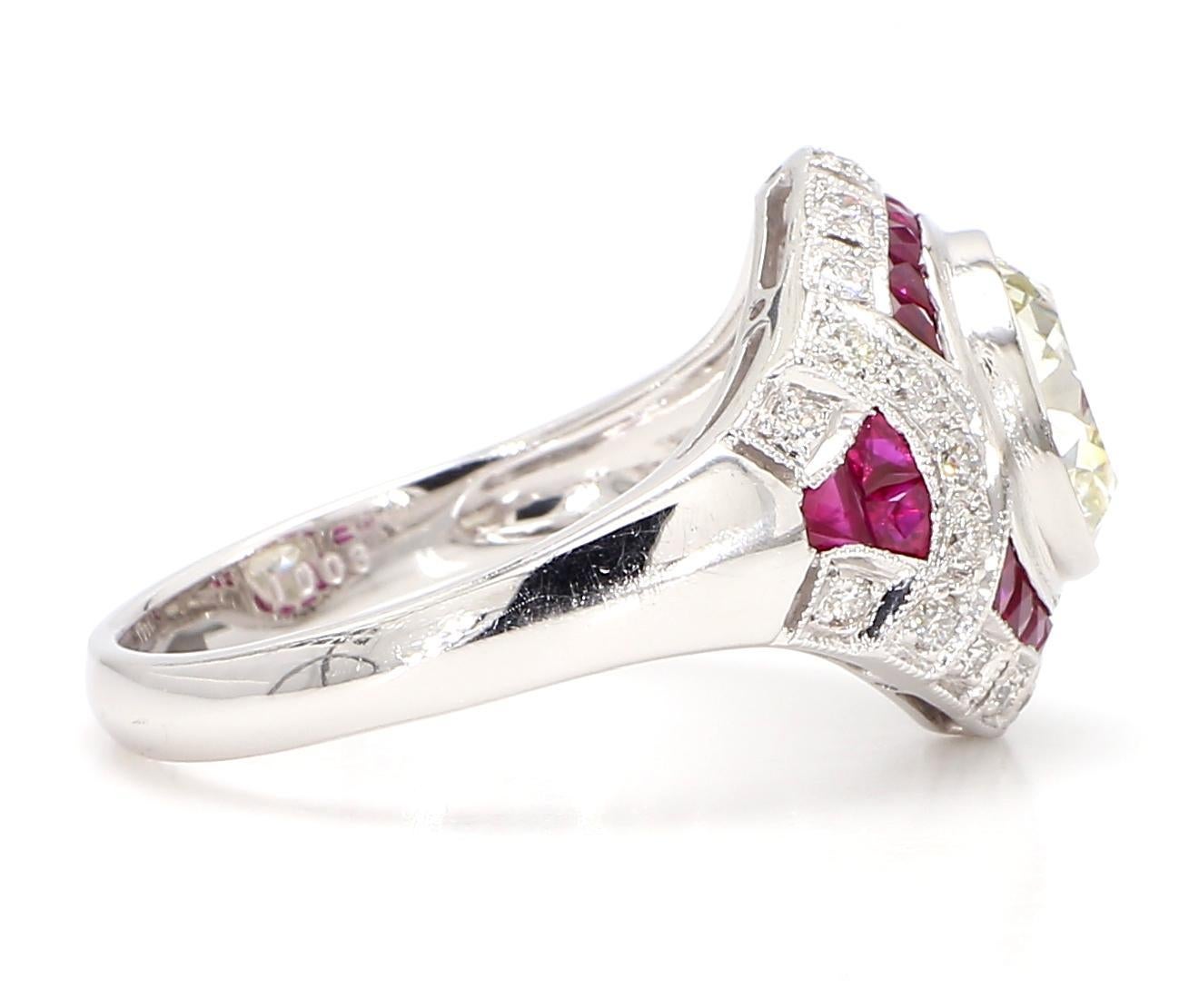 Women's GIA Certified 2.56 Carat Diamond and 1.15 Carat Ruby Art Deco Platinum Ring For Sale