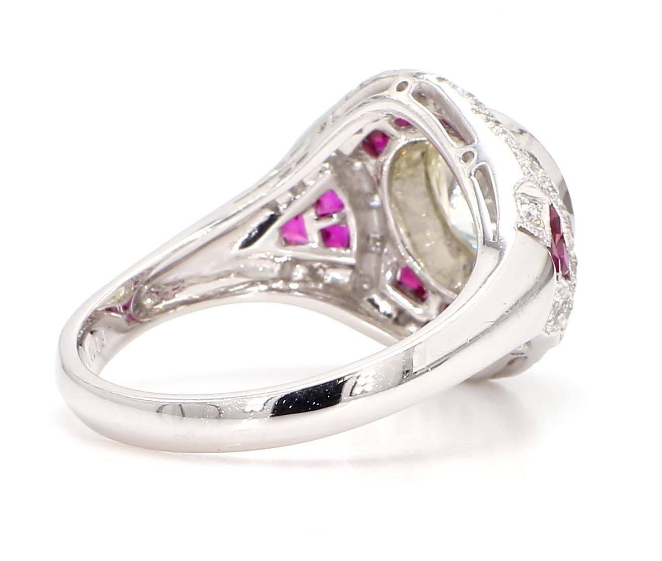 GIA Certified 2.56 Carat Diamond and 1.15 Carat Ruby Art Deco Platinum Ring For Sale 1
