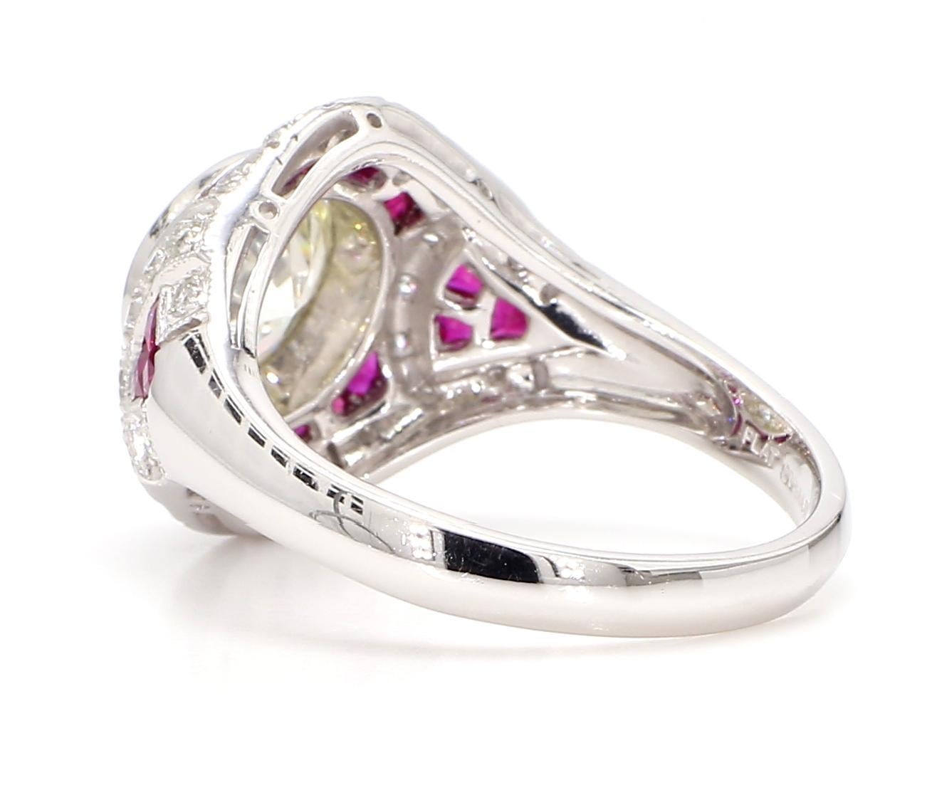 GIA Certified 2.56 Carat Diamond and 1.15 Carat Ruby Art Deco Platinum Ring 2