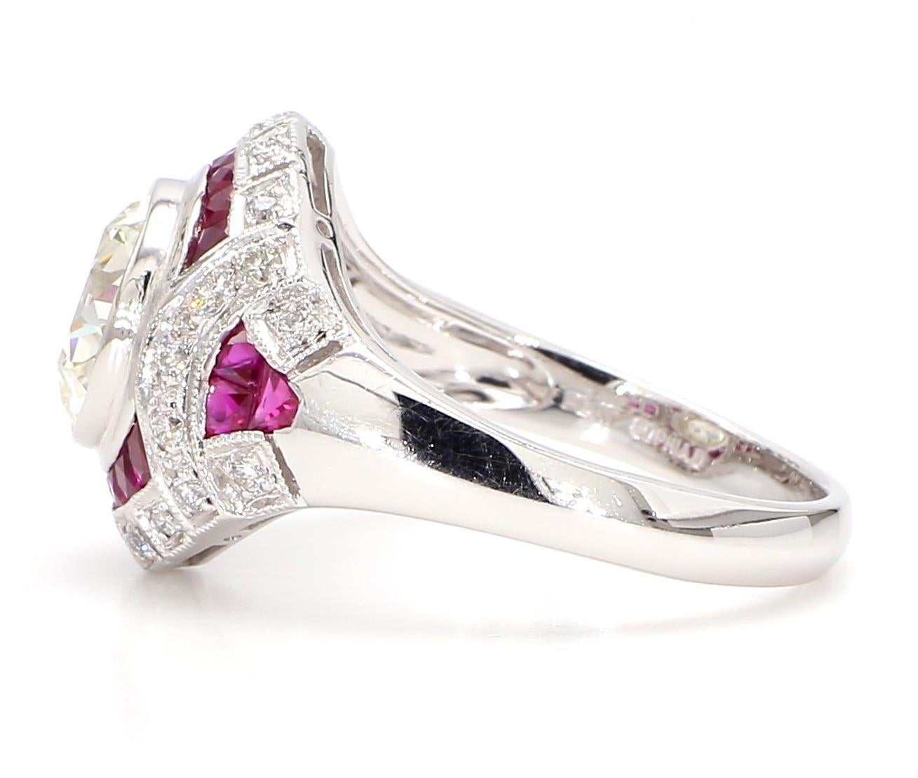 GIA Certified 2.56 Carat Diamond and 1.15 Carat Ruby Art Deco Platinum Ring For Sale 3