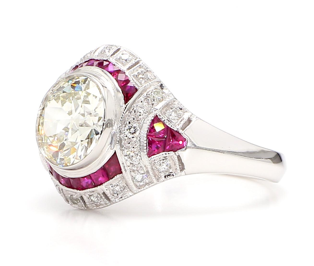 GIA Certified 2.56 Carat Diamond and 1.15 Carat Ruby Art Deco Platinum Ring For Sale 4