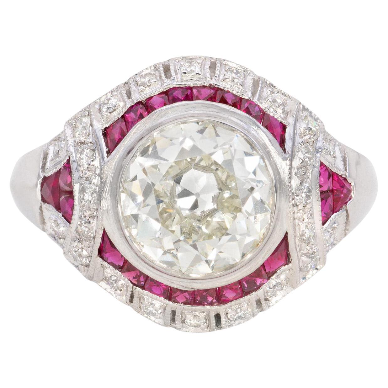 Bague Art déco en platine avec diamants de 2,56 carats et rubis de 1,15 carat certifiés GIA en vente