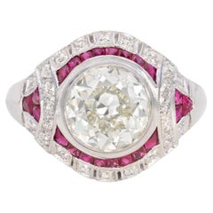 Bague Art déco en platine avec diamants de 2,56 carats et rubis de 1,15 carat certifiés GIA