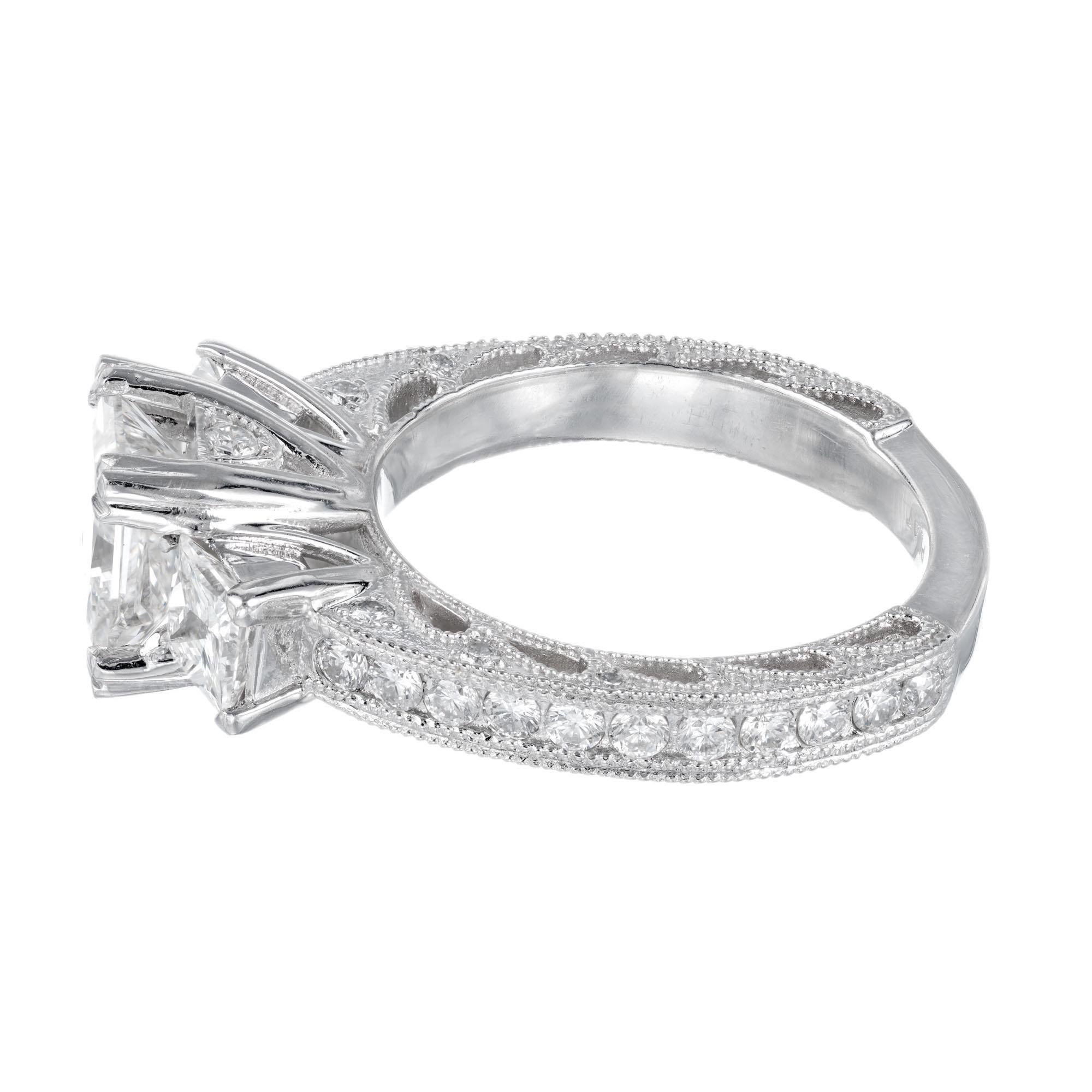 Women's GIA Certified 2.56 Carat Square Cut Diamond Platinum Three-Stone Engagement Ring For Sale
