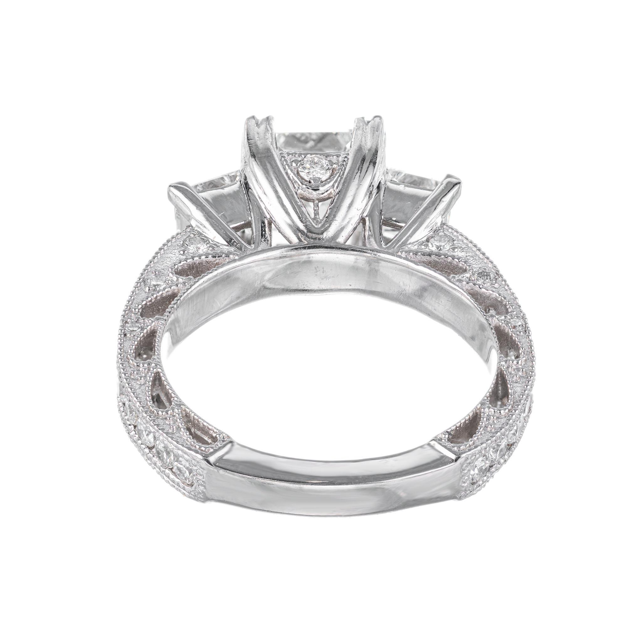 GIA Certified 2.56 Carat Square Cut Diamond Platinum Three-Stone Engagement Ring For Sale 1