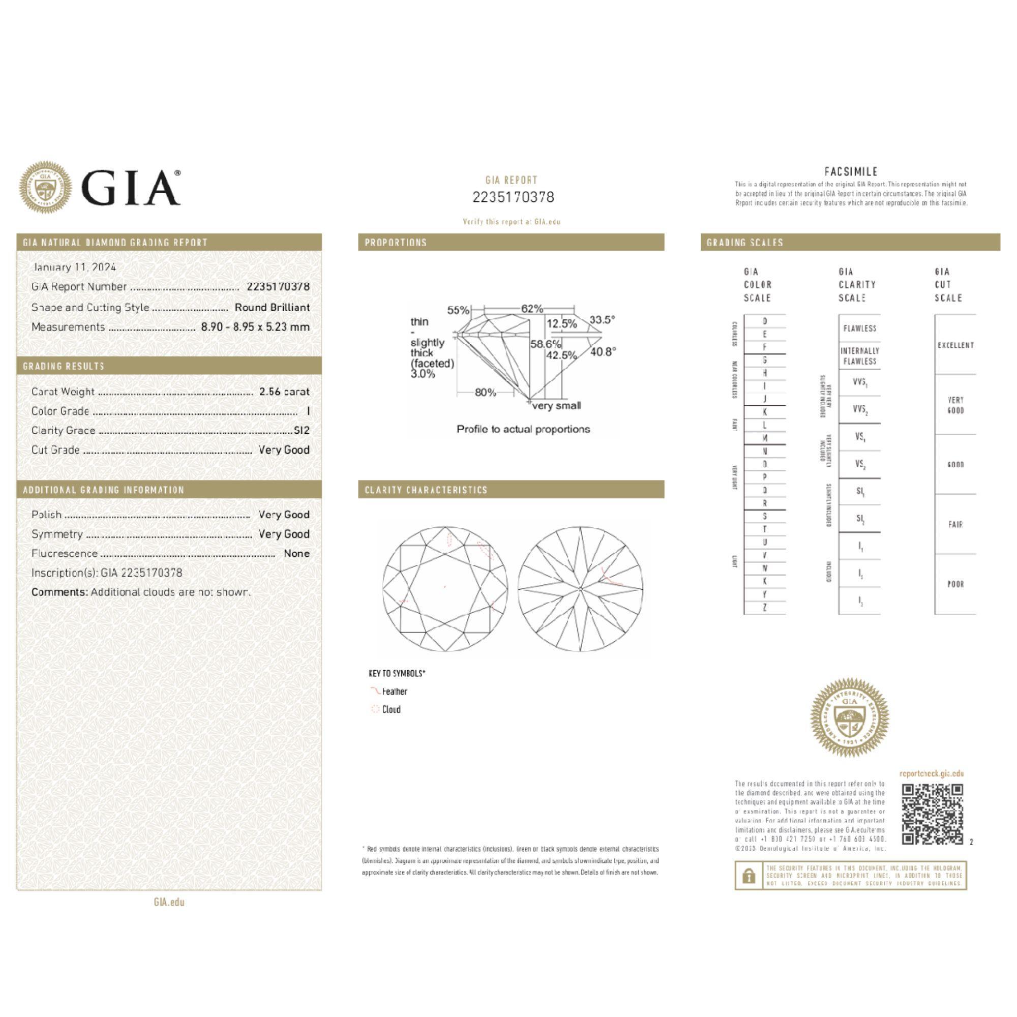 Taille ronde Bague solitaire cathédrale certifiée GIA de 2,56 carats de diamants taillés en rond en vente