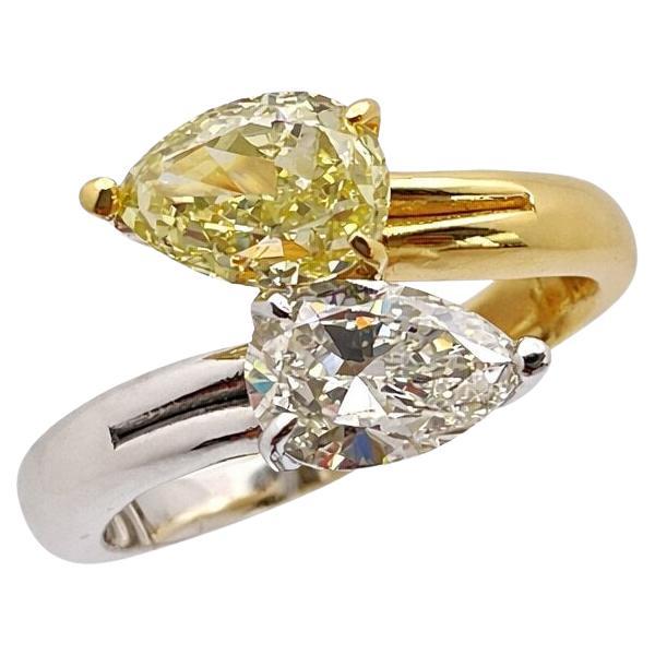 GIA Certified 2.56 CT Natural Yellow White Pear Diamond 14K Gold Engagement Ring