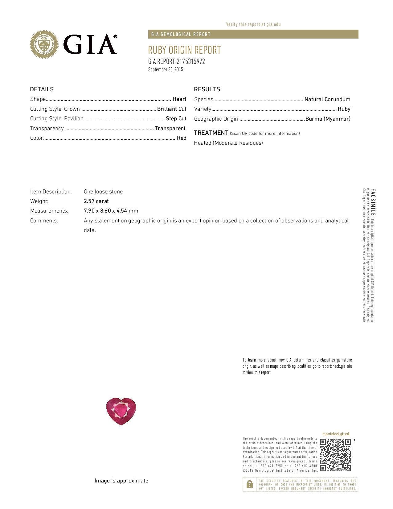 GIA-zertifizierter 2,57 Karat burmesischer herzförmiger Baguette-Diamantring mit Rubin in Herzform Damen