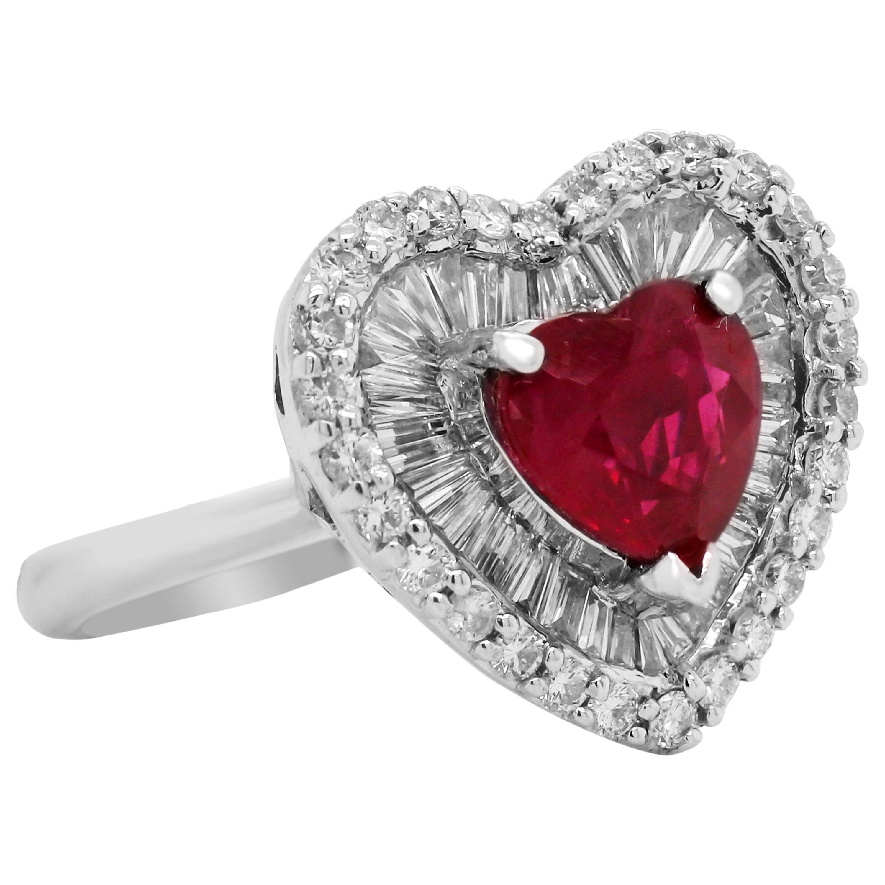 GIA Certified 2.57 Carat Burma Heart Shape Ruby Tapered Baguette Diamond Ring For Sale