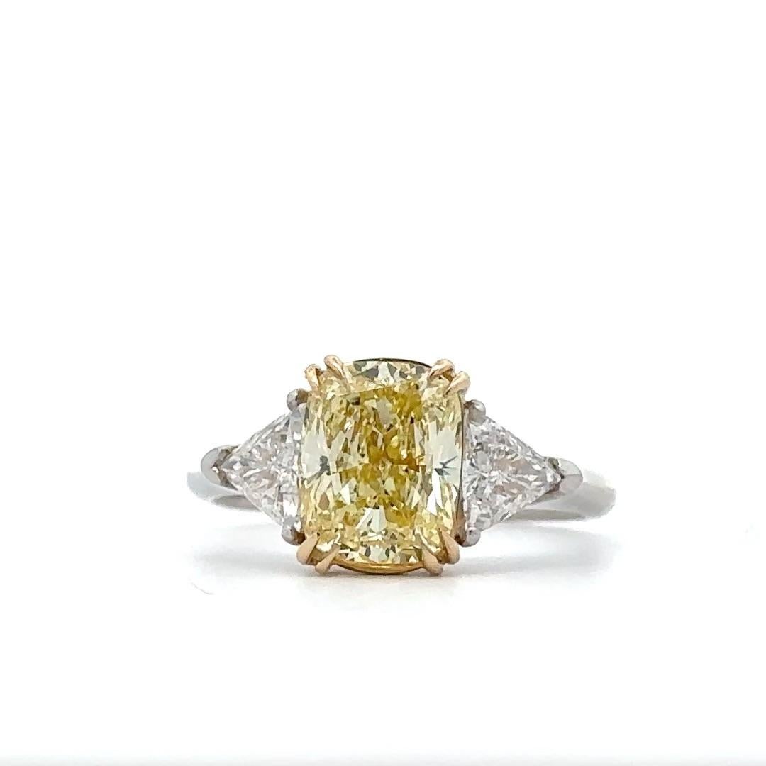 GIA Certified 2.58 Carat Fancy Yellow Cushion Cut Diamond Ring For Sale 3