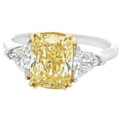 GIA Certified 2.58 Carat Fancy Yellow Cushion Cut Diamond Ring