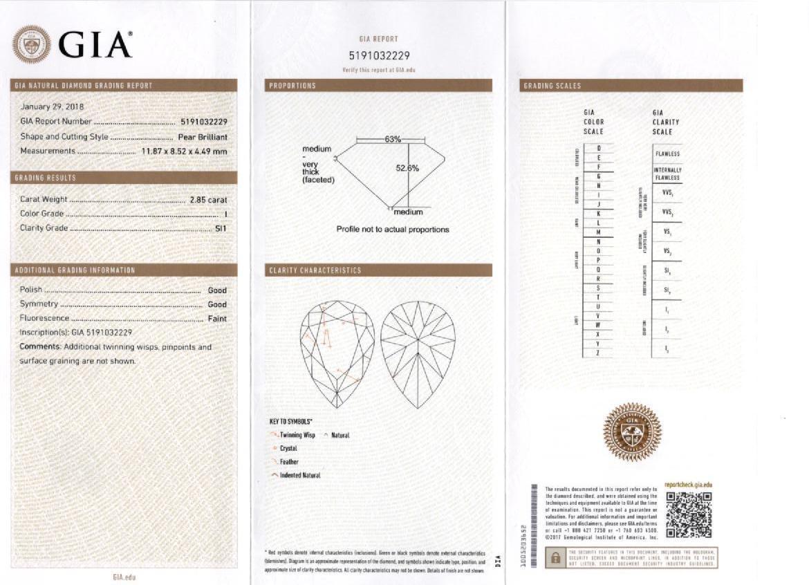 Women's or Men's GIA Certified 2.58 Carat, I Color, SI1 Clarity, Pear Cut Loose Natural Diamond For Sale