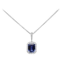 GIA Certified 2.59 Carat Emerald Cut Blue Sapphire & Diamond Pendant Necklace 