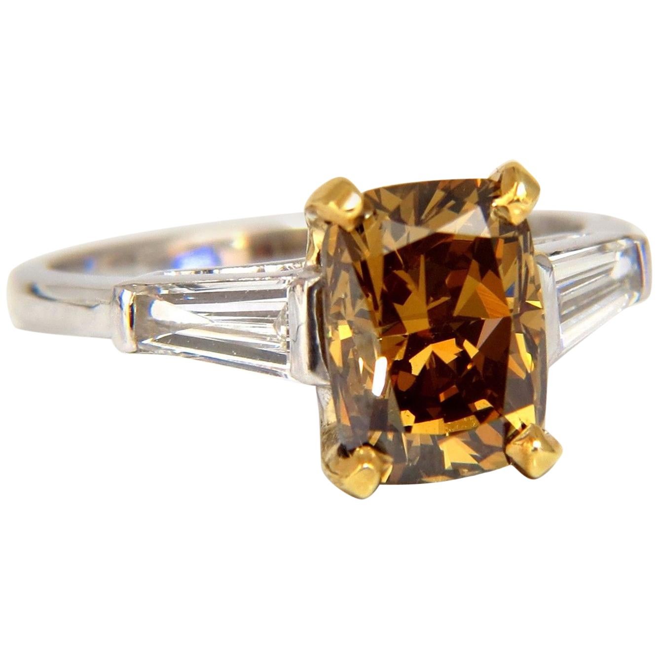 GIA Certified 2.59 Carat Fancy Yellow Brown Diamond Ring Platinum For Sale