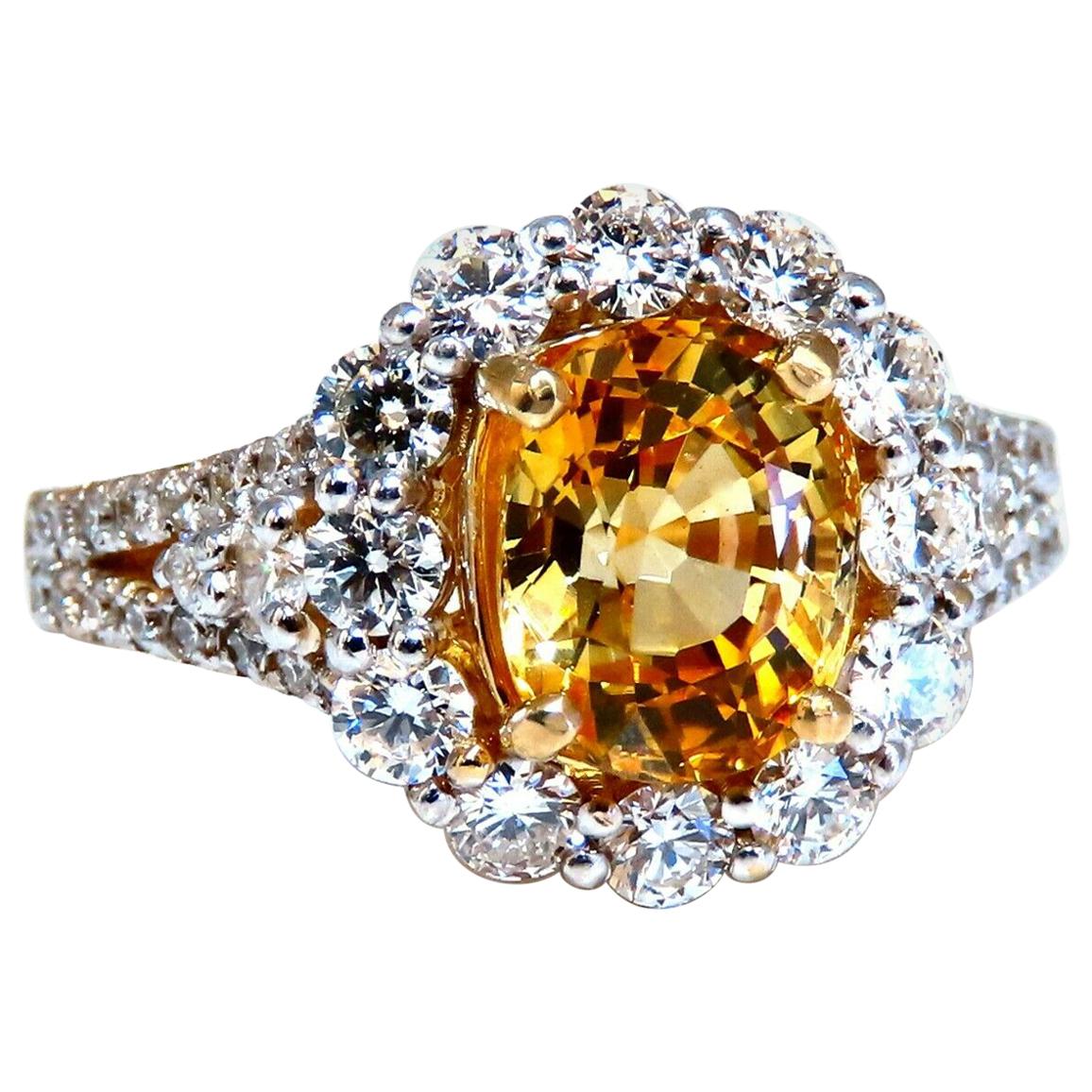 GIA Certified 2.59 Carat Natural Yellow Natural Sapphire Diamonds Ring 14 Karat