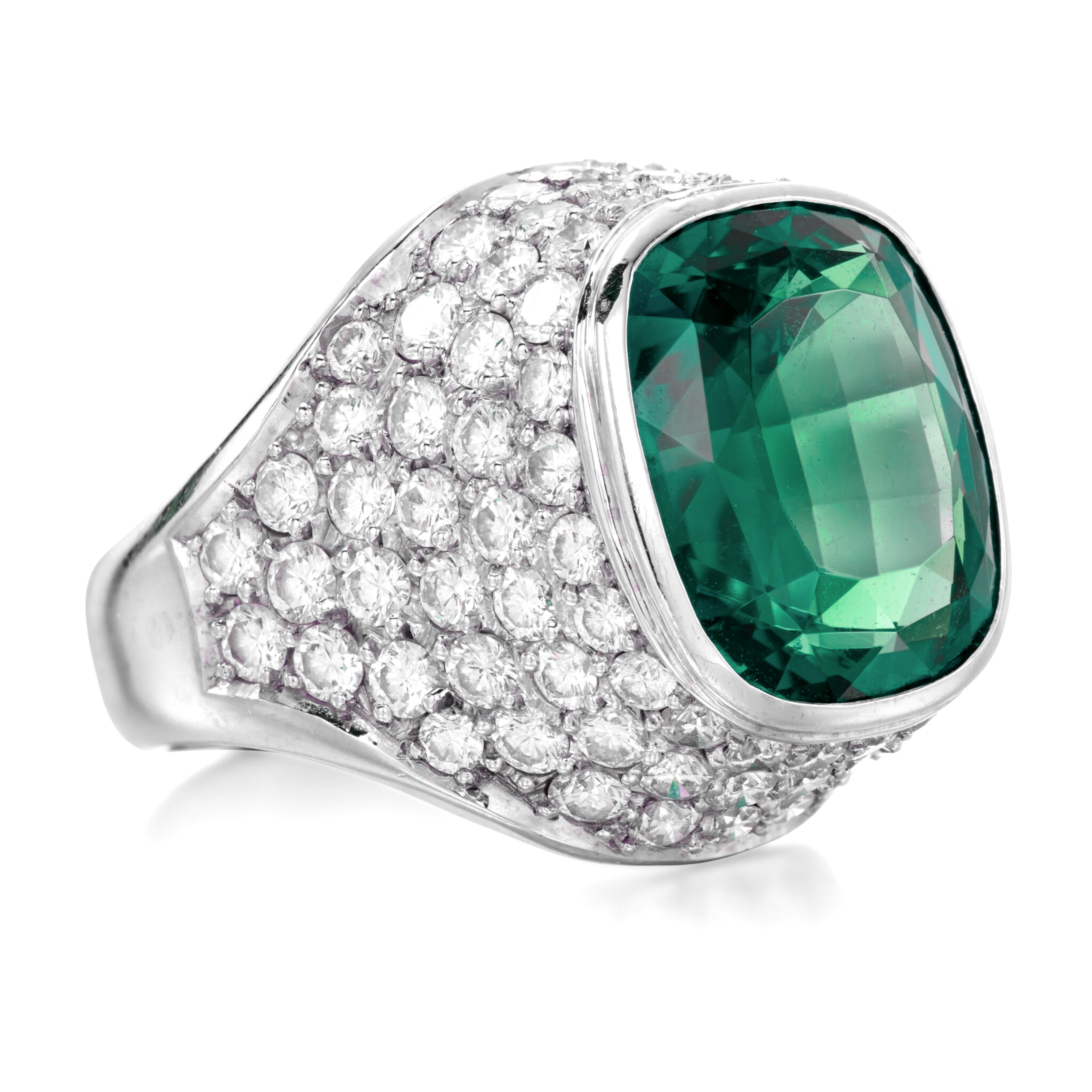 GRS Certified 26 Ct. Vivid Green Emerald Ring in Platinum collet-set, brilliant-cut diamonds

A rare and refined treasure — this 26-carat vivid green emerald is GRS certified with no clarity enhancement, placing it among the most sought-after