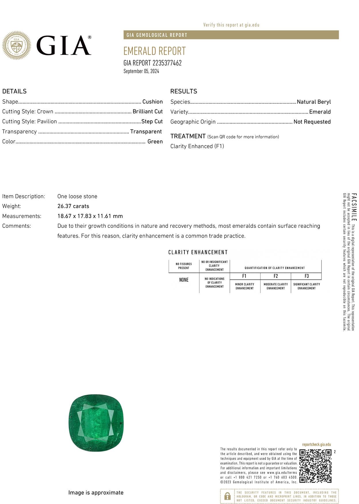 Taille coussin GIA Certified 26 Ct. VIVID GREEN EMERALD Minor Oil Diamond Platinum Ring en vente