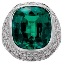 GIA Certified 26 Ct. VIVID GREEN EMERALD Minor Oil Diamond Platinum Ring