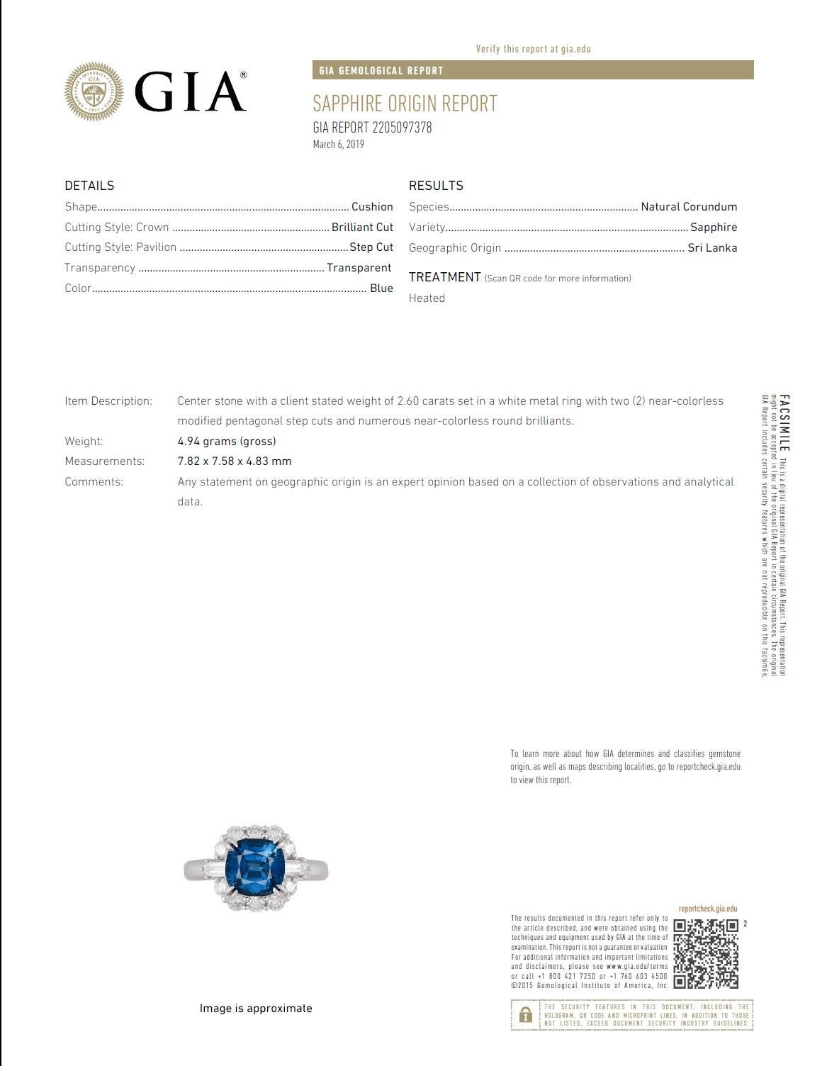 Women's GIA Certified 2.60 Carat Cushion Cut Blue Sapphire and Diamond Halo Ring ref471 For Sale