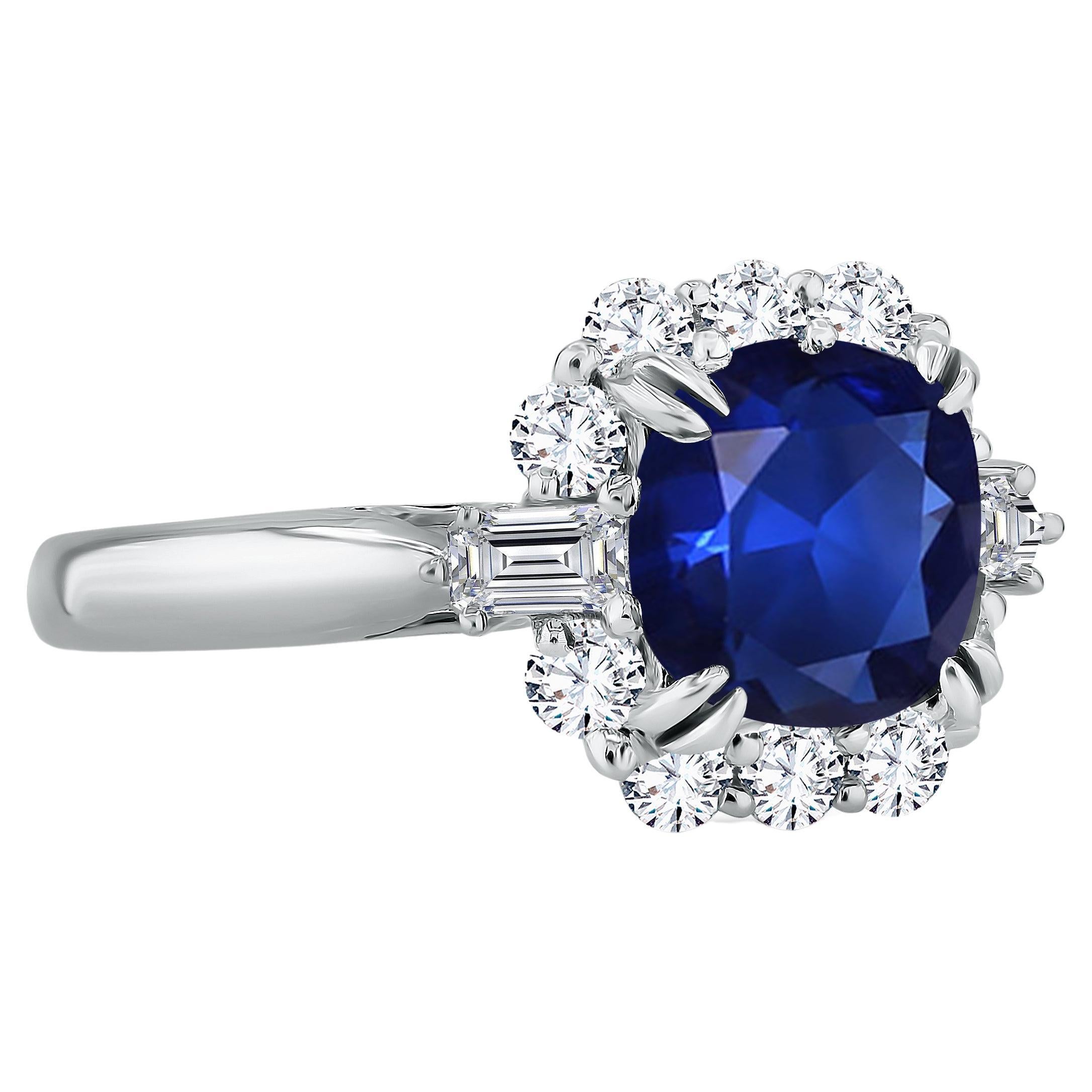 GIA Certified 2.60 Carat Cushion Cut Blue Sapphire and Diamond Halo Ring ref471 For Sale