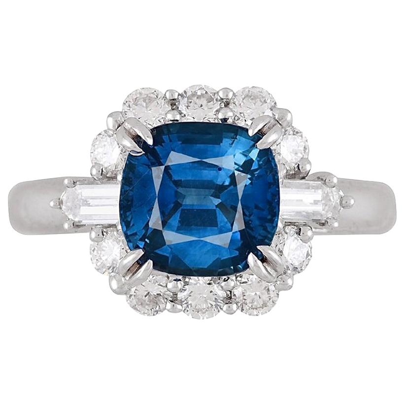 GIA Certified 2.60 Carat Cushion Cut Blue Sapphire Halo Ring