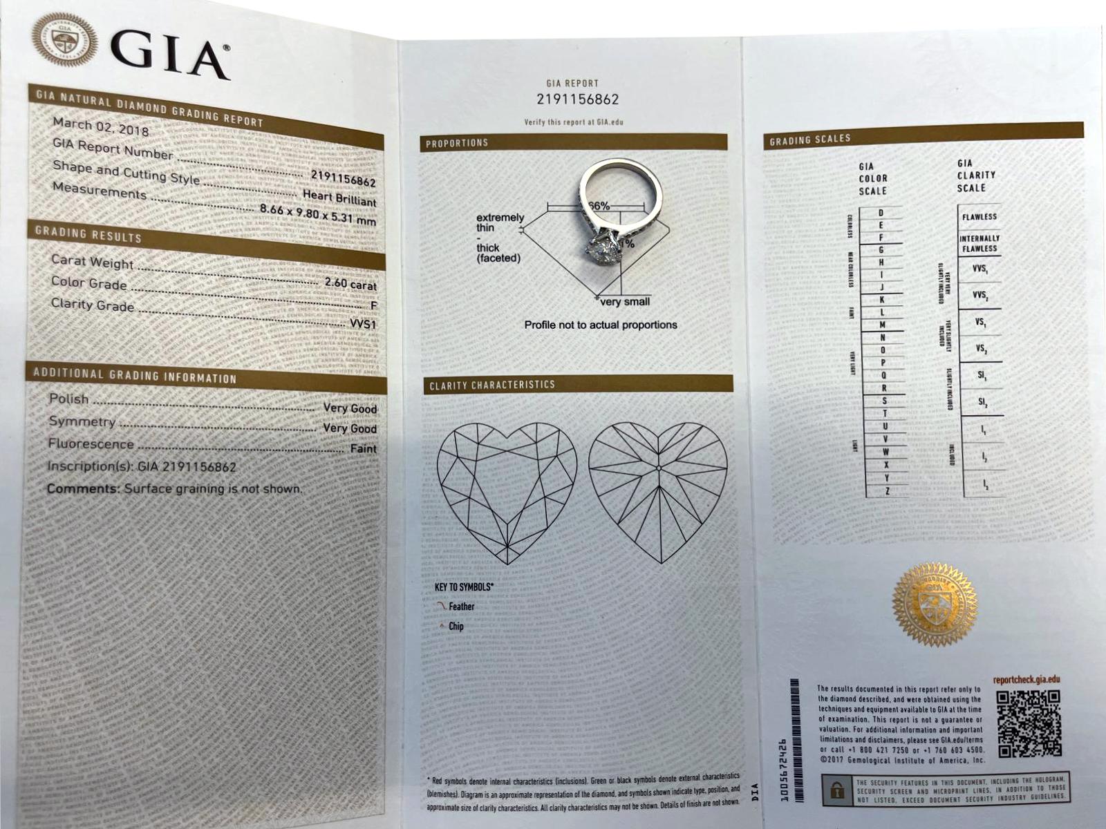 GIA Certified 2.60 Carat Heart Shape Brilliant Cut VVS1 Platinum Diamond Ring For Sale 3