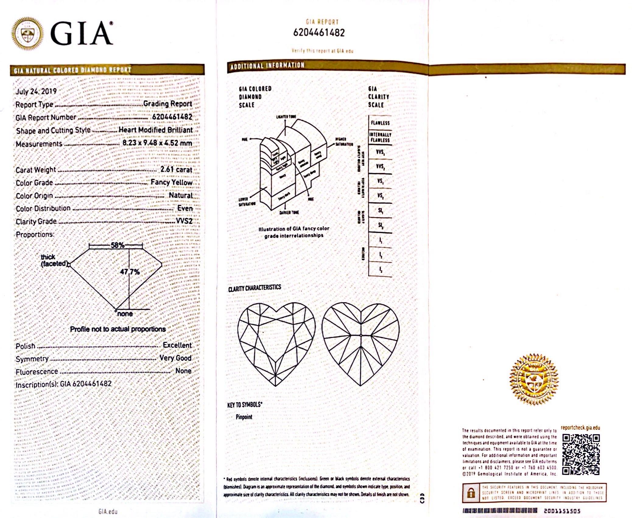 GIA Certified 2.61 Carat Natural Fancy Yellow Heart Diamond 18K Engagement Ring For Sale 8