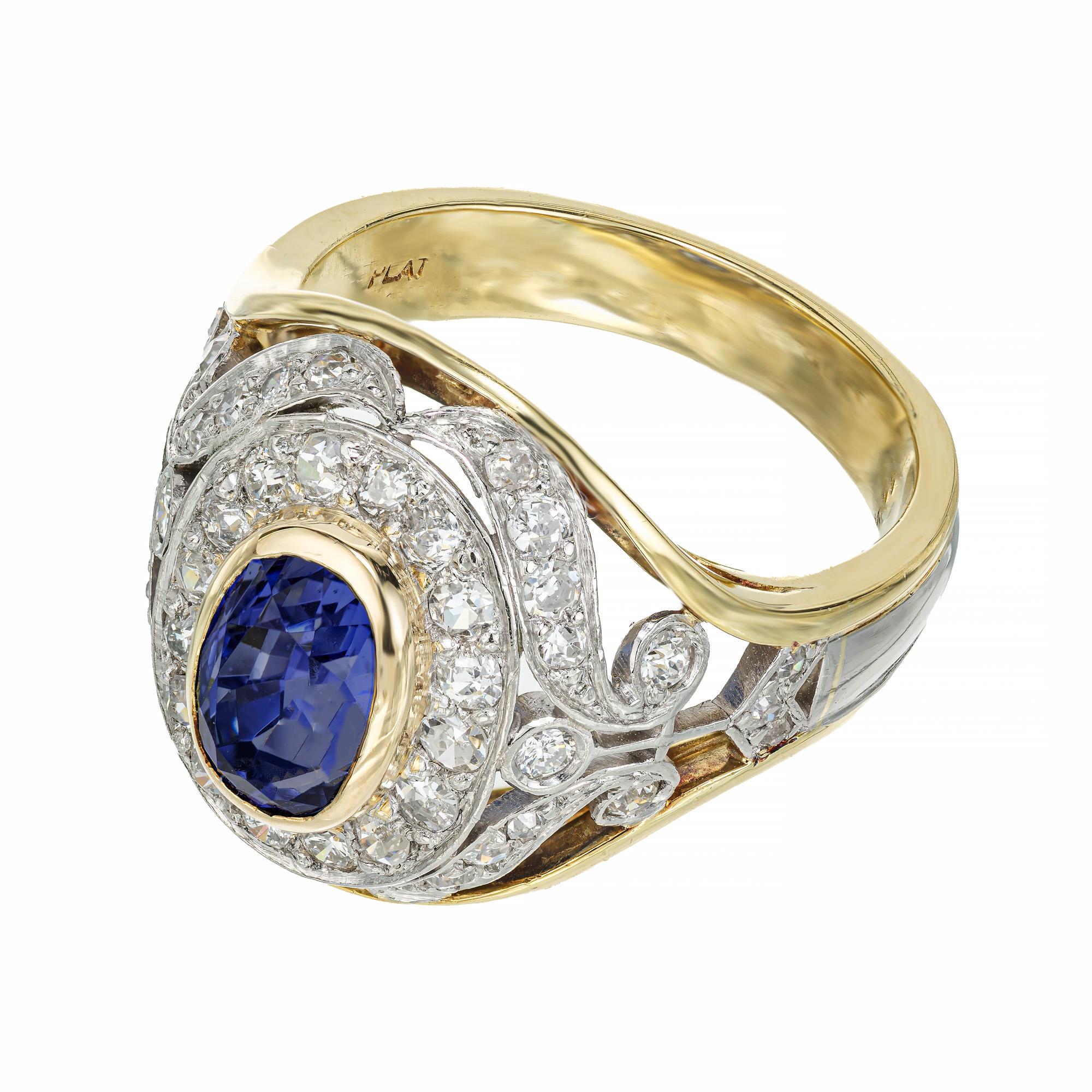 Taille ovale Bague cocktail en or jaune et platine avec saphir de 2,60 carats et diamants certifiés GIA en vente