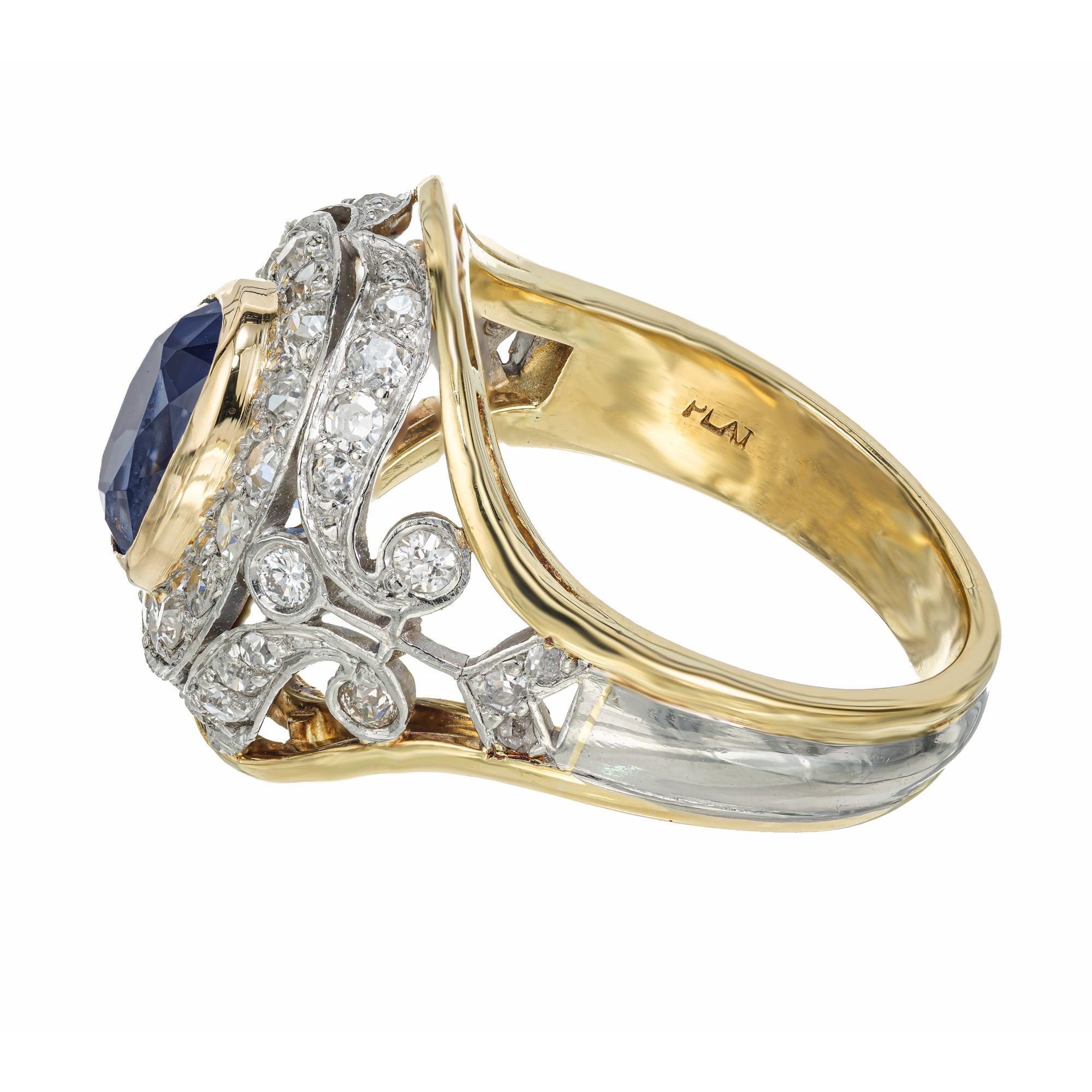 Women's GIA Certified 2.60 Oval Carat Sapphire Diamond Halo Gold Platinum Cocktail Ring For Sale