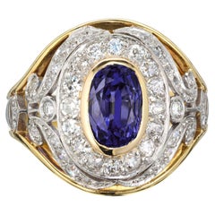 Antique GIA Certified 2.60 Oval Carat Sapphire Diamond Halo Gold Platinum Cocktail Ring
